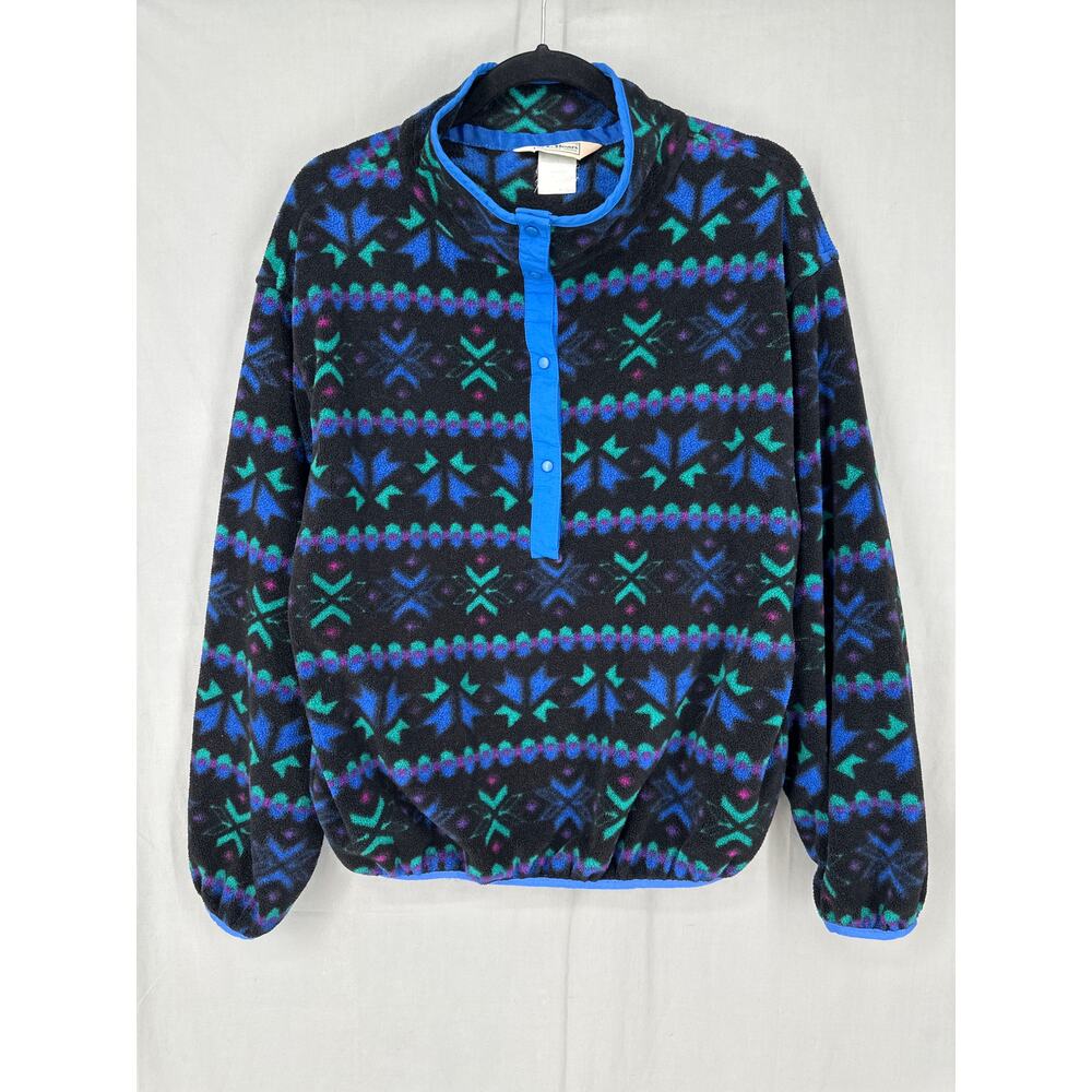 Vintage 90s L.L. Bean Blue and Green Patterned Fleece Pullover Jacket